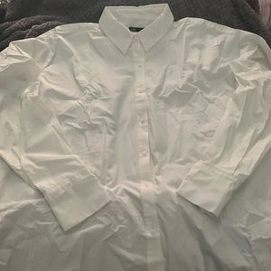 Puff sleeve, white poplin shirt dress.